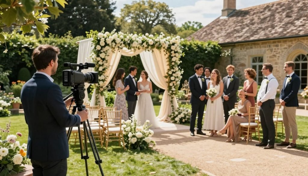 A serene wedding photography and videography scene showcasing the service areas of Ikonic Media Solutions. In the foreground, a professional videographer is setting up a camera on a tripod, dressed in smart business attire. In the middle ground, a beautiful outdoor wedding venue is adorned with elegant floral arrangements and soft draping, as guests in modest, formal attire gather joyfully around. The background features a picturesque setting, like a lush garden or a charming historical building, under bright, warm sunlight that casts soft shadows. The overall mood radiates happiness and professionalism, conveying a sense of tailored wedding packages and exceptional service areas. The angle captures the vibrant atmosphere with an artistic touch, while ensuring all elements are harmonious and cohesive. A serene wedding photography and videography scene showcasing the service areas of Ikonic Media Solutions. In the foreground, a professional videographer is setting up a camera on a tripod, dressed in smart business attire. In the middle ground, a beautiful outdoor wedding venue is adorned with elegant floral arrangements and soft draping, as guests in modest, formal attire gather joyfully around. The background features a picturesque setting, like a lush garden or a charming historical building, under bright, warm sunlight that casts soft shadows. The overall mood radiates happiness and professionalism, conveying a sense of tailored wedding packages and exceptional service areas. The angle captures the vibrant atmosphere with an artistic touch, while ensuring all elements are harmonious and cohesive.